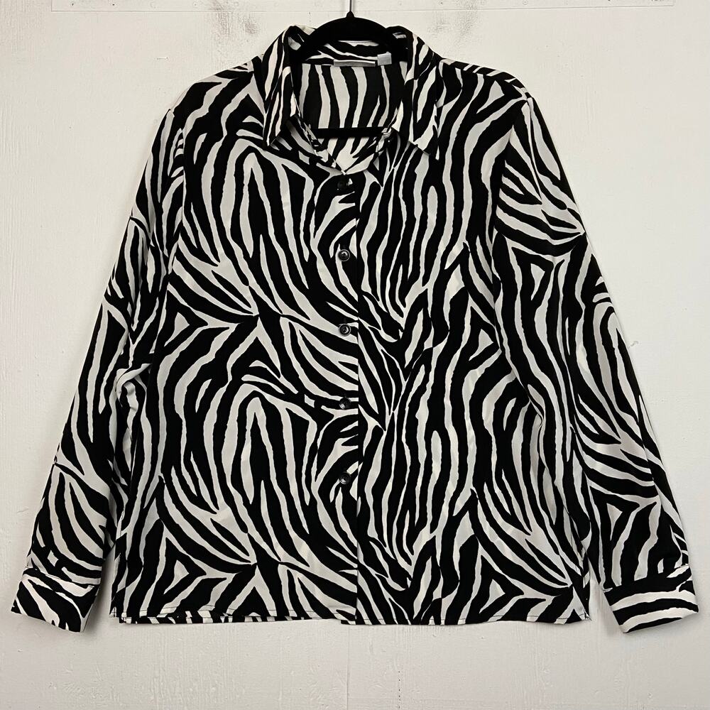 Susan Graver Black White Zebra Button Up Long Sleeve Blouse Top Size Medium